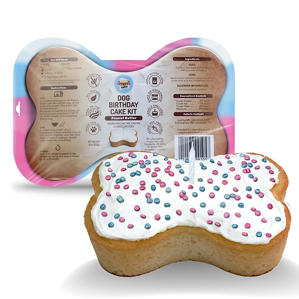 PUPPY CAKE | Dog Birthday Cake Kit | with Icing Mix, Candle, and Silicone Pan - Peanut Butter